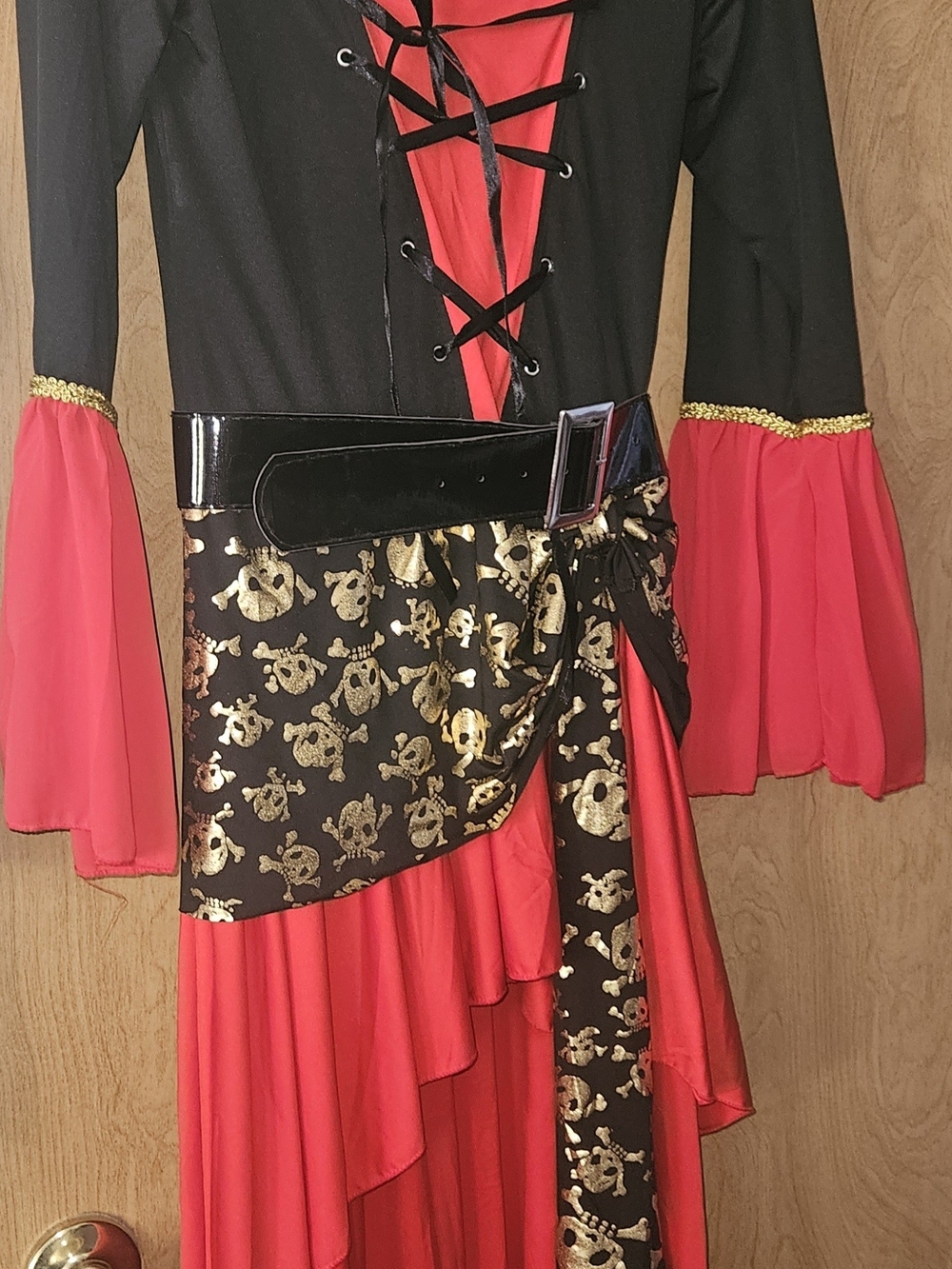 Red & Black Pirate-Inspired Ruffle Dress with Gold Skull Sash (With Hat & Belt)